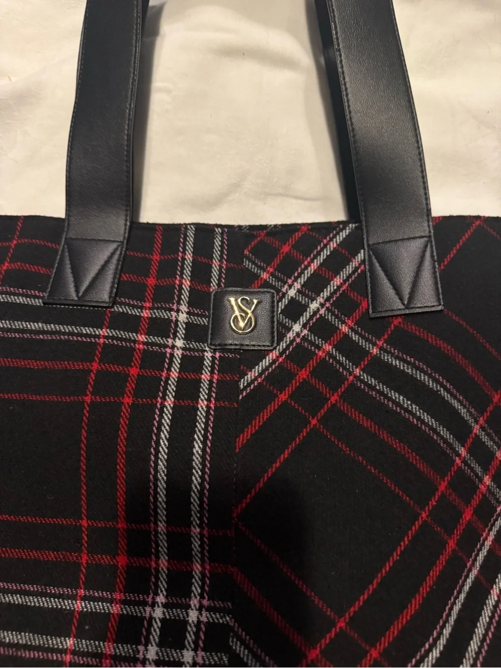 Victoria’s Secret Plaid Tote Bag Large Red Black Check Shopper Travel